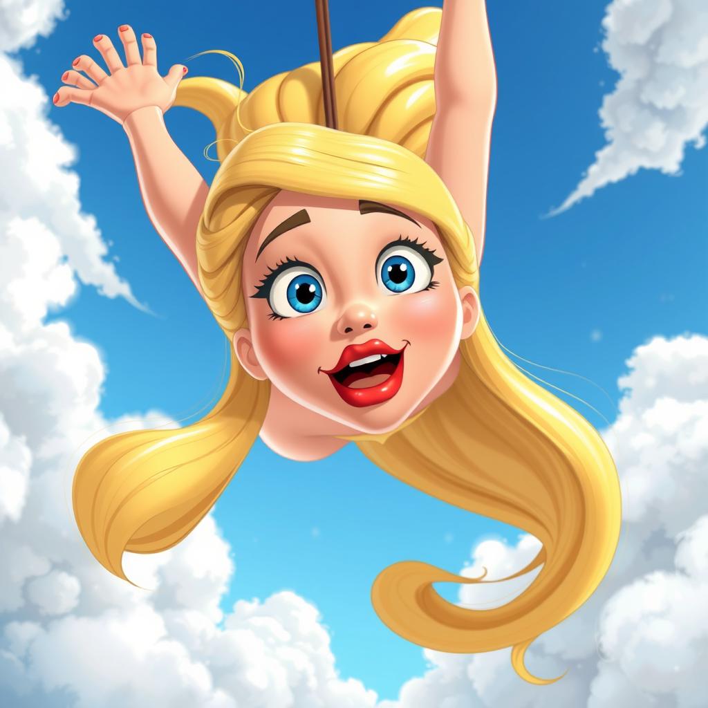 A beautiful blonde cartoon woman with striking blue eyes and vibrant red lips, gracefully falling from the sky