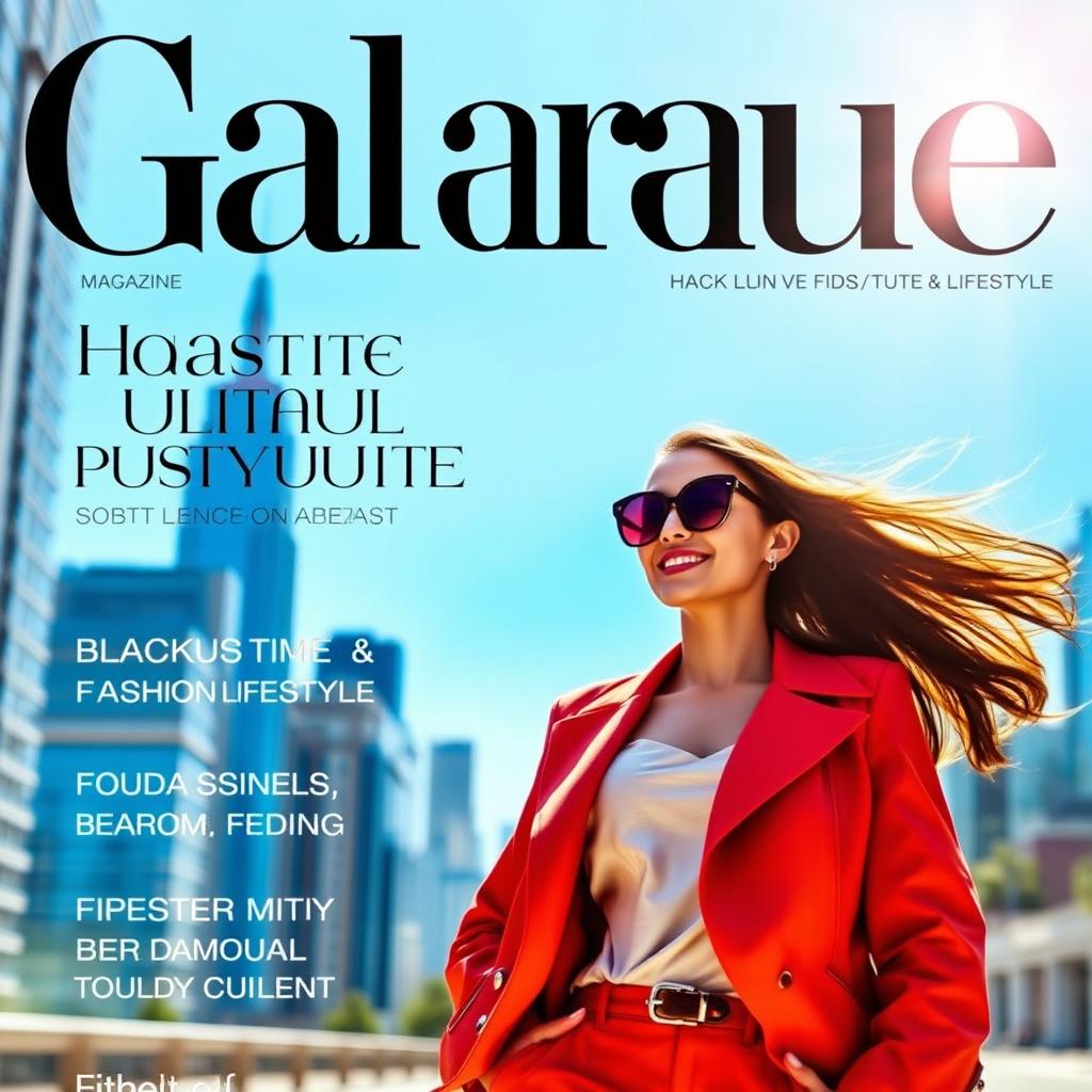 A glamorous magazine cover featuring a stylish woman in a chic outfit, standing confidently in an urban environment