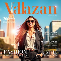 A glamorous magazine cover featuring a stylish woman in a chic outfit, standing confidently in an urban environment