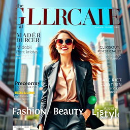 A glamorous magazine cover featuring a stylish woman in a chic outfit, standing confidently in an urban environment