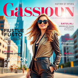 A glamorous magazine cover featuring a stylish woman in a chic outfit, standing confidently in an urban environment