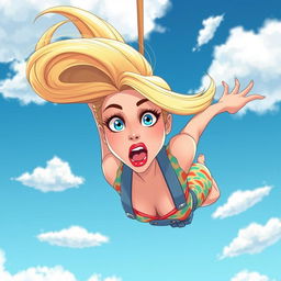 A stunning blonde cartoon woman with vibrant blue eyes and striking red lips is depicted falling from the sky