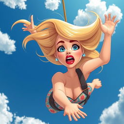 A stunning blonde cartoon woman with vibrant blue eyes and striking red lips is depicted falling from the sky