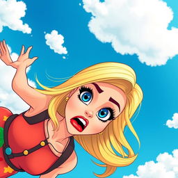 A stunning blonde cartoon woman with vibrant blue eyes and striking red lips is depicted falling from the sky