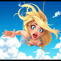 A stunning blonde cartoon woman with vibrant blue eyes and striking red lips is depicted falling from the sky