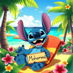 A joyful depiction of Stitch from the animated film Lilo & Stitch, relaxing in a vibrant tropical paradise