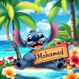A joyful depiction of Stitch from the animated film Lilo & Stitch, relaxing in a vibrant tropical paradise