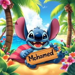 A joyful depiction of Stitch from the animated film Lilo & Stitch, relaxing in a vibrant tropical paradise