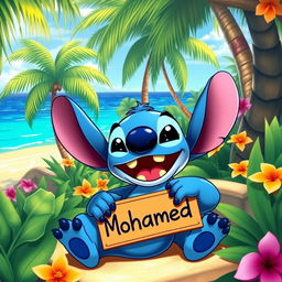 A joyful depiction of Stitch from the animated film Lilo & Stitch, relaxing in a vibrant tropical paradise