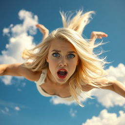 A beautiful blonde woman with striking blue eyes and bold red lips, falling gracefully from the sky