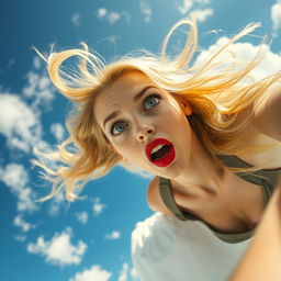 A beautiful blonde woman with striking blue eyes and bold red lips, falling gracefully from the sky