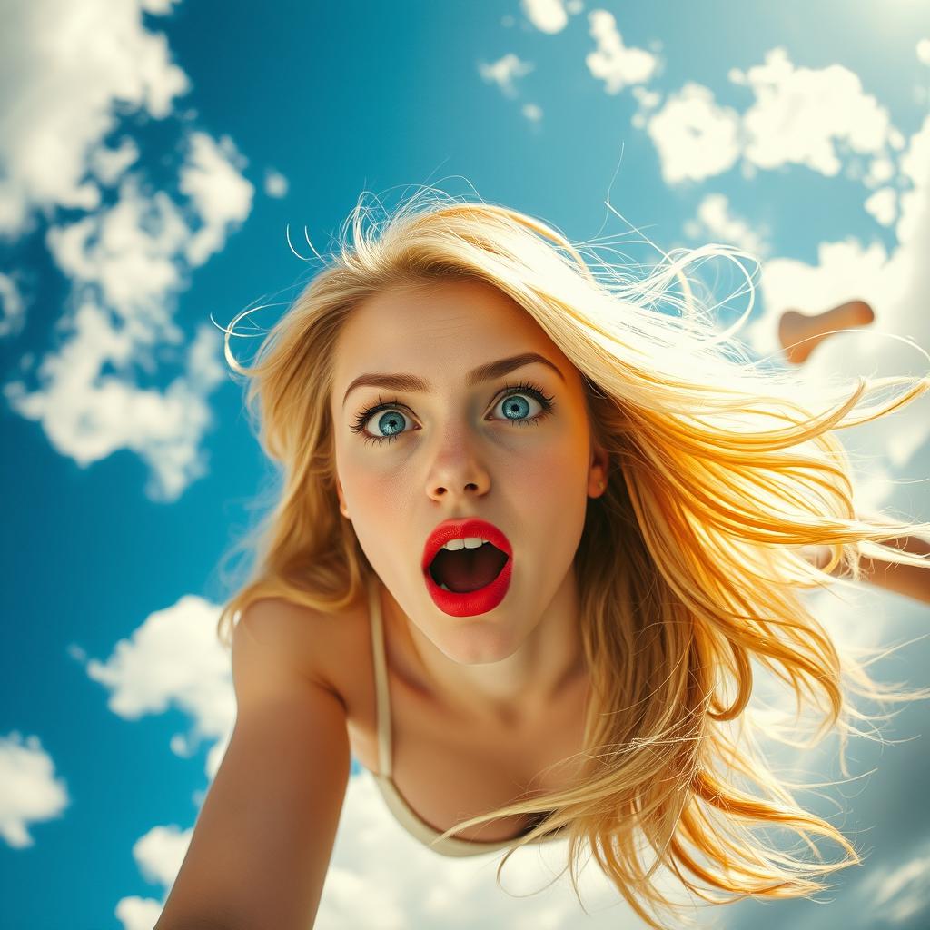 A beautiful blonde woman with striking blue eyes and bold red lips, falling gracefully from the sky