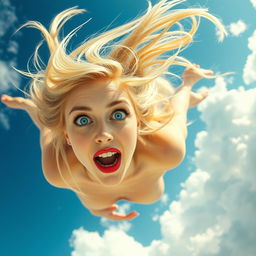 A beautiful blonde woman with striking blue eyes and bold red lips, falling gracefully from the sky