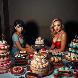 In a dimly lit room, two beautiful young women sit on opposite sides of a large table overflowing with an array of cakes and delectable desserts