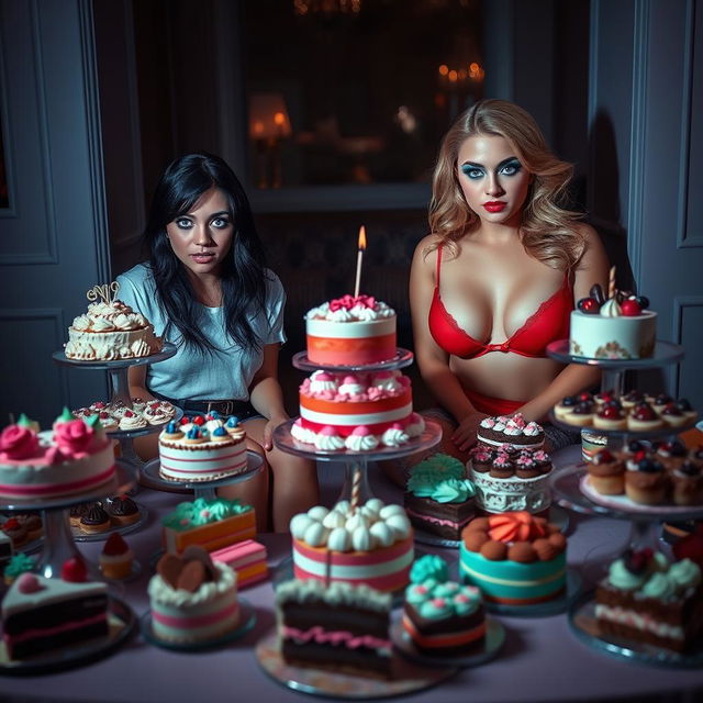 In a dimly lit room, two beautiful young women sit on opposite sides of a large table overflowing with an array of cakes and delectable desserts