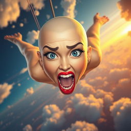A stunning bald toon woman with striking blue eyes and bright red lips, falling gracefully from a vibrant sky
