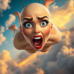 A stunning bald toon woman with striking blue eyes and bright red lips, falling gracefully from a vibrant sky