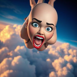 A stunning bald toon woman with striking blue eyes and bright red lips, falling gracefully from a vibrant sky