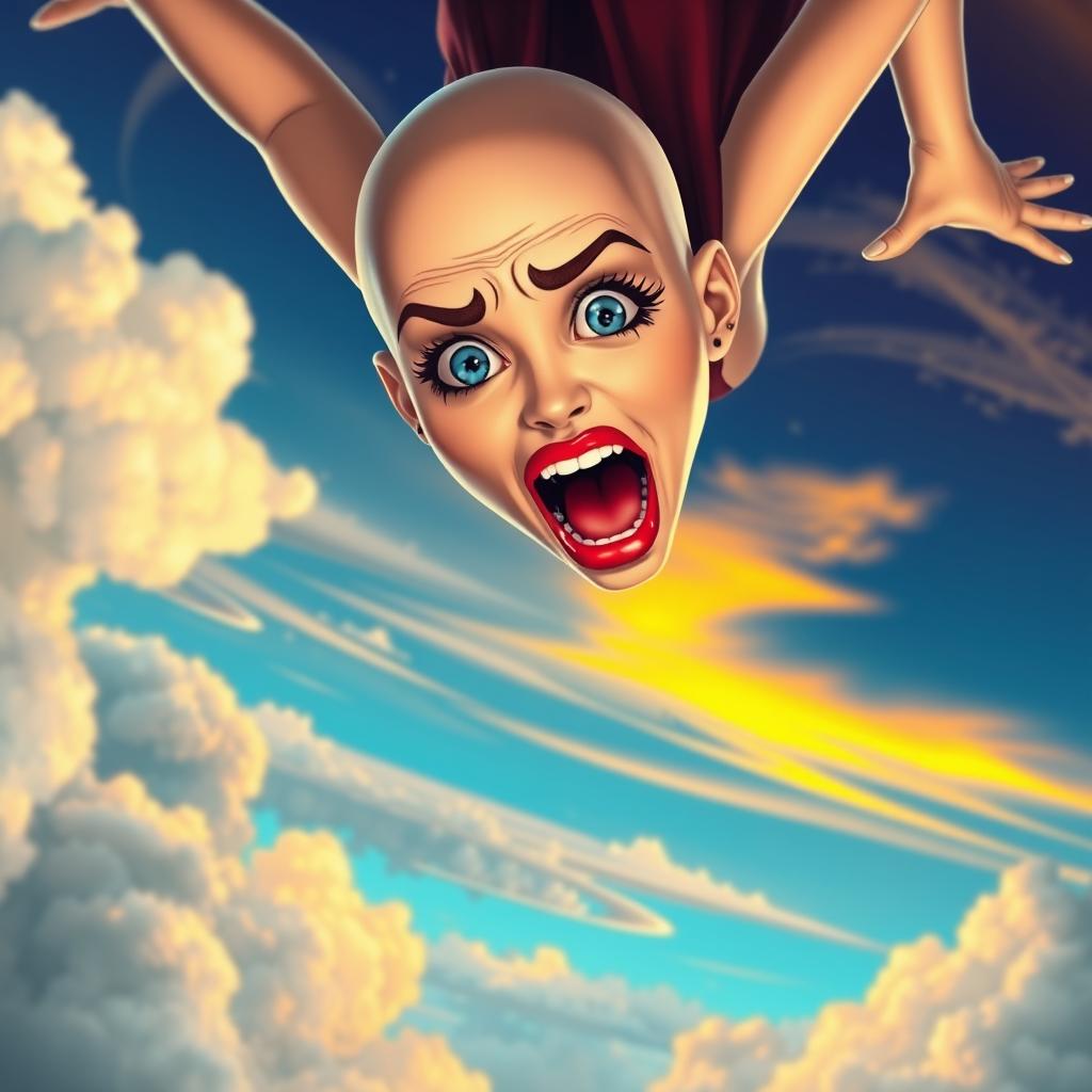 A stunning bald toon woman with striking blue eyes and bright red lips, falling gracefully from a vibrant sky