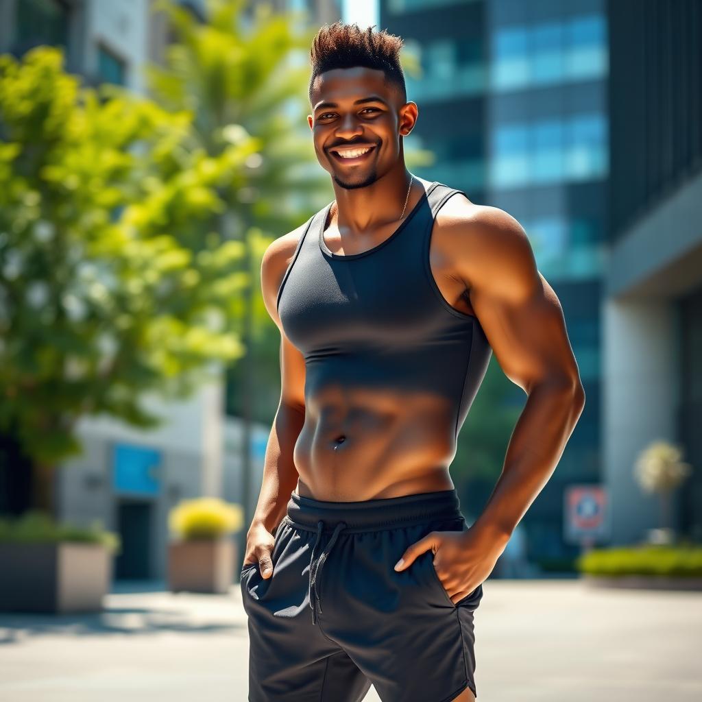 A black handsome athletic lean man standing confidently in a sunlit urban environment