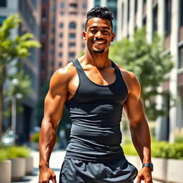 A black handsome athletic lean man standing confidently in a sunlit urban environment