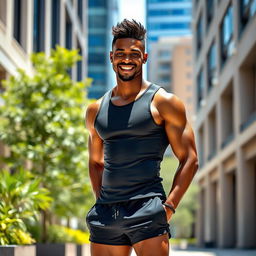 A black handsome athletic lean man standing confidently in a sunlit urban environment