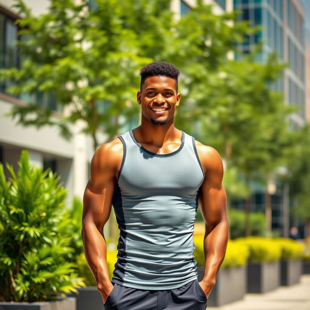 A black handsome athletic lean man standing confidently in a sunlit urban environment