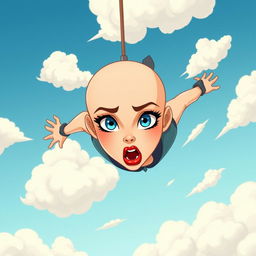 A beautiful bald cartoon woman with striking blue eyes and bright red lips falling from the sky, her expression filled with fear