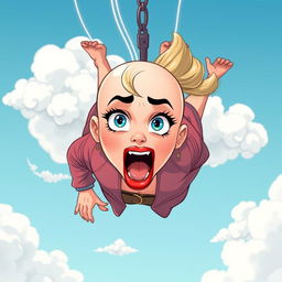 A beautiful bald cartoon woman with striking blue eyes and bright red lips falling from the sky, her expression filled with fear