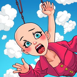 A beautiful bald cartoon woman with striking blue eyes and bright red lips falling from the sky, her expression filled with fear