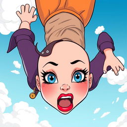 A beautiful bald cartoon woman with striking blue eyes and bright red lips falling from the sky, her expression filled with fear