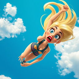 A beautiful blonde toon woman with vibrant blue eyes and striking red lips is falling from the sky