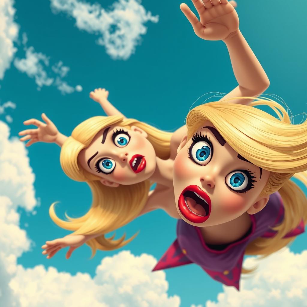 A beautiful blonde toon woman with vibrant blue eyes and striking red lips is falling from the sky