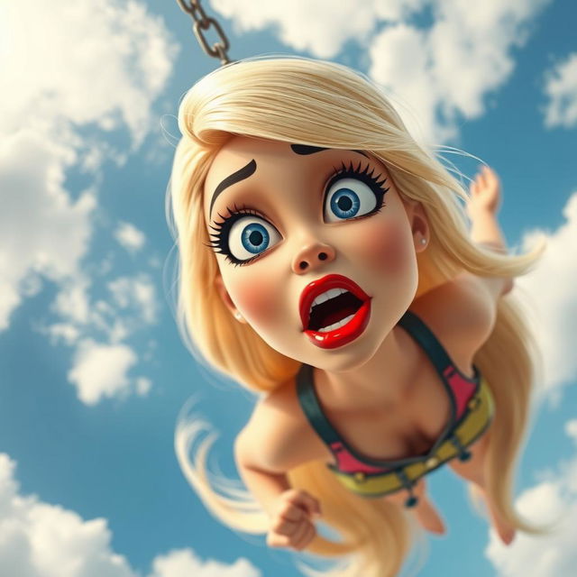 A beautiful blonde toon woman with vibrant blue eyes and striking red lips is falling from the sky