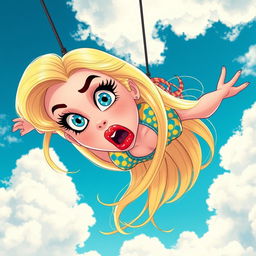 A beautiful blonde toon woman with vibrant blue eyes and striking red lips is falling from the sky