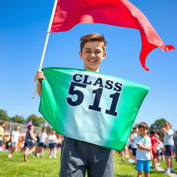 A sunny day at a school sports meet with a handsome teenage boy, appearing around 14 years old, standing confidently behind a colorful flag that proudly displays his class designation, '5(1)'