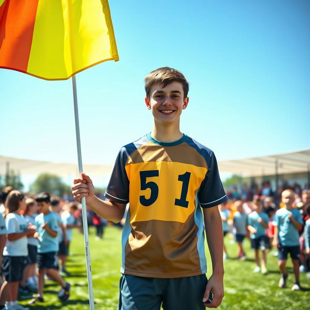 A sunny day at a school sports meet with a handsome teenage boy, appearing around 14 years old, standing confidently behind a colorful flag that proudly displays his class designation, '5(1)'