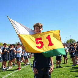 A sunny day at a school sports meet with a handsome teenage boy, appearing around 14 years old, standing confidently behind a colorful flag that proudly displays his class designation, '5(1)'