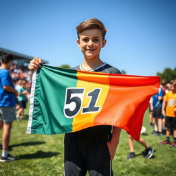 A sunny day at a school sports meet with a handsome teenage boy, appearing around 14 years old, standing confidently behind a colorful flag that proudly displays his class designation, '5(1)'