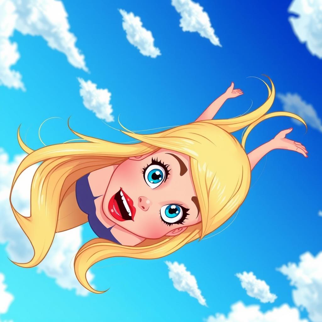 A beautiful blonde cartoon woman with vibrant blue eyes and striking red lips is falling from the sky