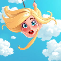 A beautiful blonde cartoon woman with vibrant blue eyes and striking red lips is falling from the sky