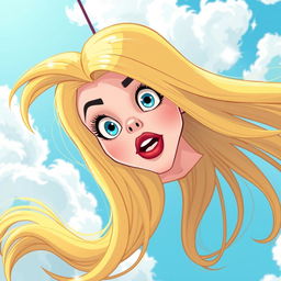 A beautiful blonde cartoon woman with vibrant blue eyes and striking red lips is falling from the sky
