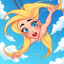 A beautiful blonde cartoon woman with vibrant blue eyes and striking red lips is falling from the sky