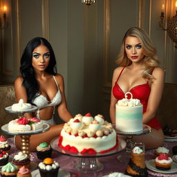 In a dimly lit room, two beautiful young women sit on opposite sides of a lavish table overflowing with an array of cakes and delightful desserts