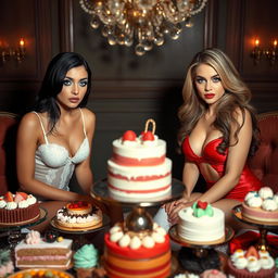 In a dimly lit room, two beautiful young women sit on opposite sides of a lavish table overflowing with an array of cakes and delightful desserts