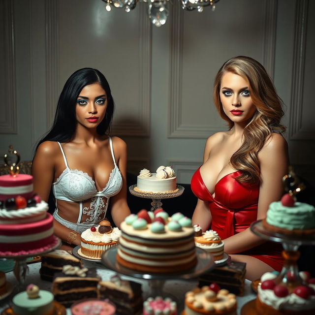 In a dimly lit room, two beautiful young women sit on opposite sides of a lavish table overflowing with an array of cakes and delightful desserts