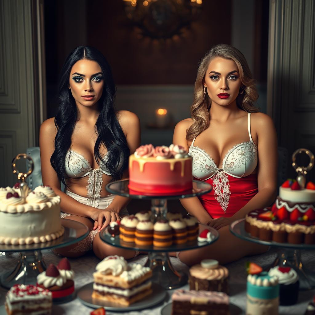 In a dimly lit room, two beautiful young women sit on opposite sides of a lavish table overflowing with an array of cakes and delightful desserts