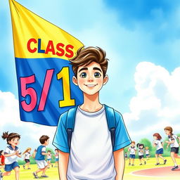 A very handsome teenage boy, around 14 years old, standing confidently behind a vibrant sports meet flag