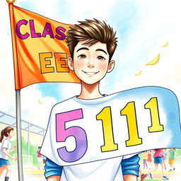 A very handsome teenage boy, around 14 years old, standing confidently behind a vibrant sports meet flag