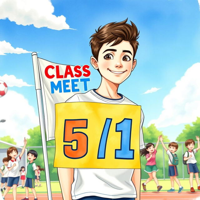 A very handsome teenage boy, around 14 years old, standing confidently behind a vibrant sports meet flag